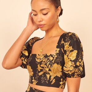 Reformation Yucca Black and Gold Floral Puff-Sleeve Smock-Back Crop Top - Size 6